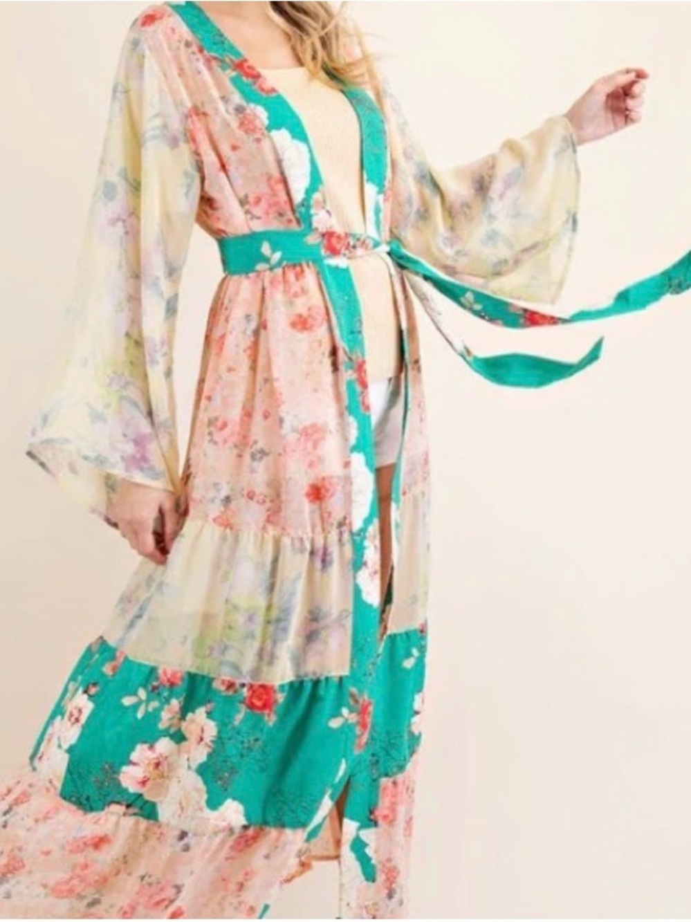 Kori Floral Sheer Maxi Kimono with Teal Contrast